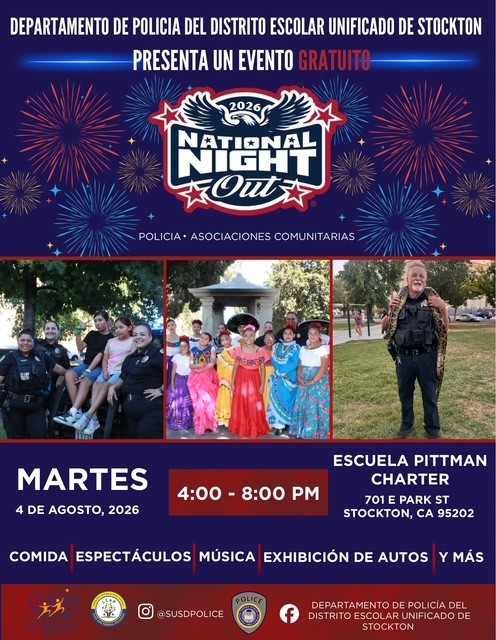 Poster for National Night Out event presented by Stockton Unified School District Police Department, featuring fireworks and community activities.