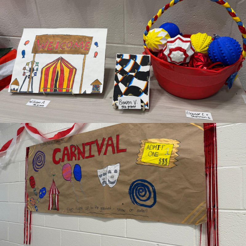 A display of student artwork featuring carnival themes, including a 'Welcome' sign and a large banner.