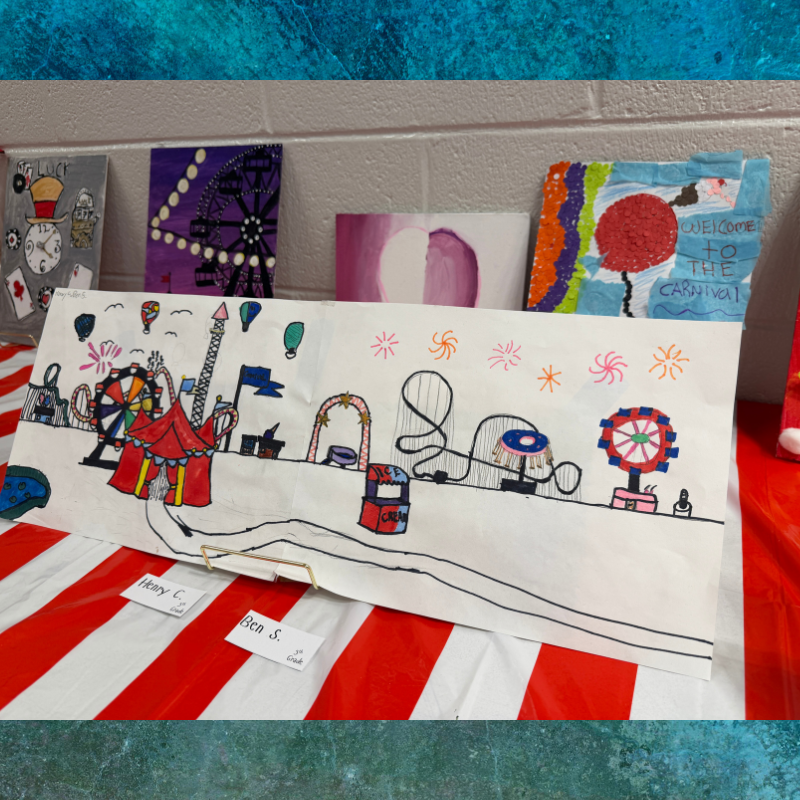 A colorful drawing of a carnival scene with rides, balloons, and a Ferris wheel.