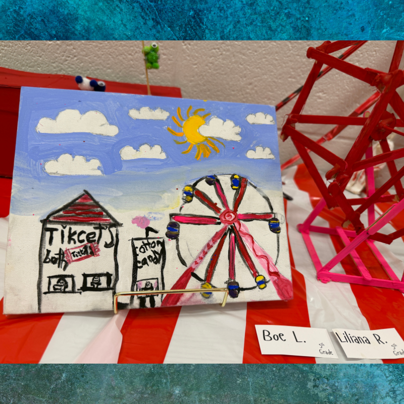 A colorful painting depicts a Ferris wheel and ticket booth at a carnival under a bright sun.