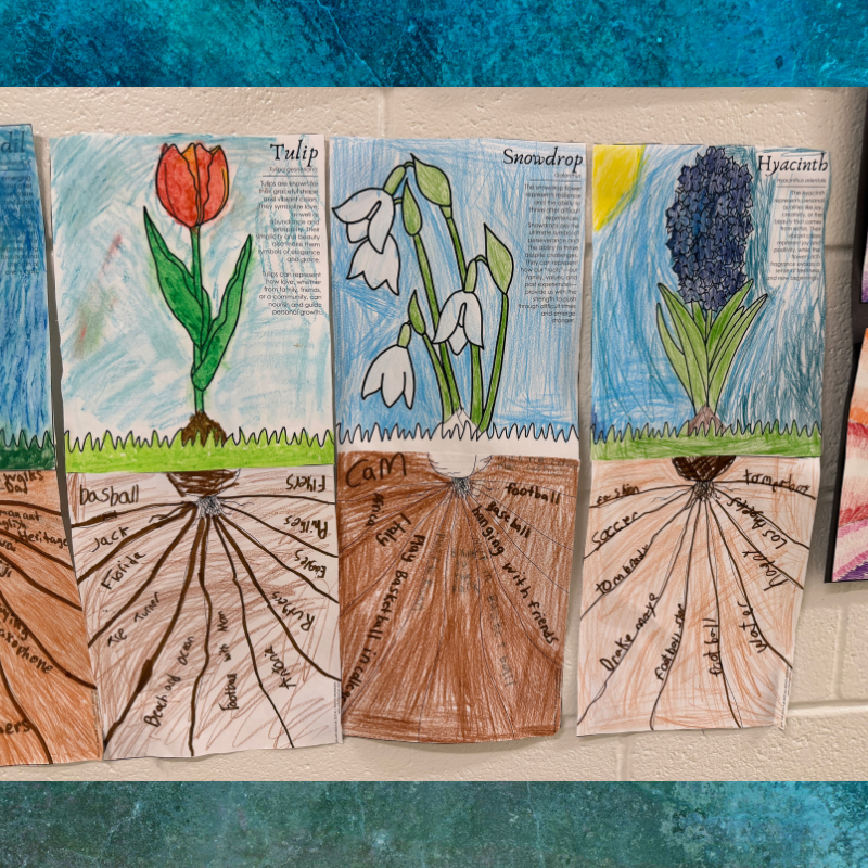 Children's artwork displays drawings of tulips, snowdrops, and hyacinths with accompanying text.