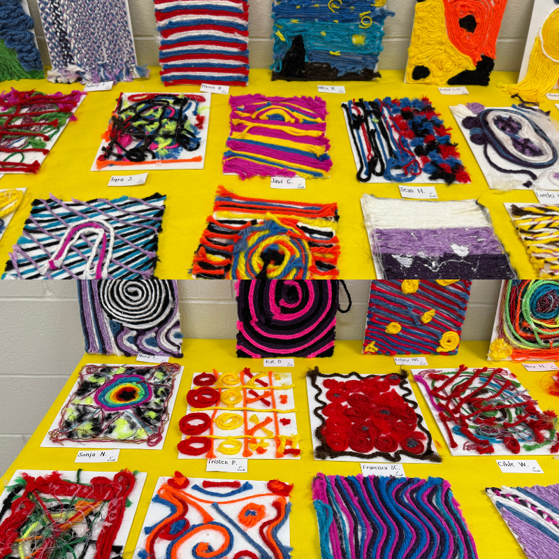 A vibrant display of colorful yarn art projects, showcasing diverse textures and patterns.