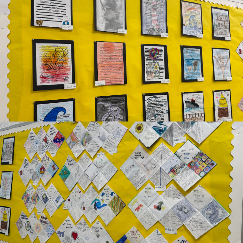 A vibrant yellow bulletin board displays student artwork and folded paper projects.