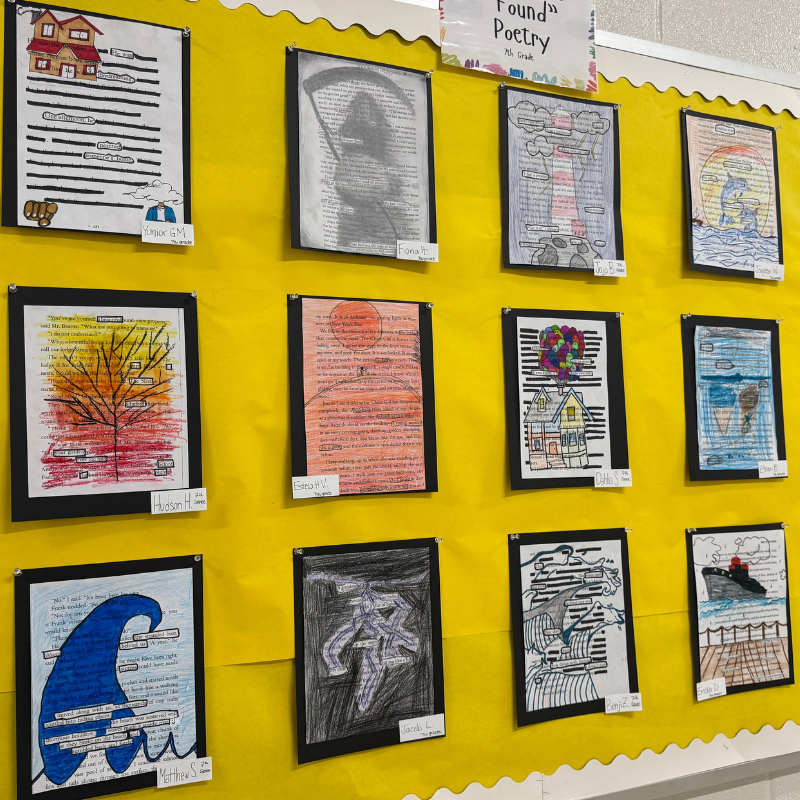 A classroom bulletin board displays student artwork and "Found Poetry" projects.