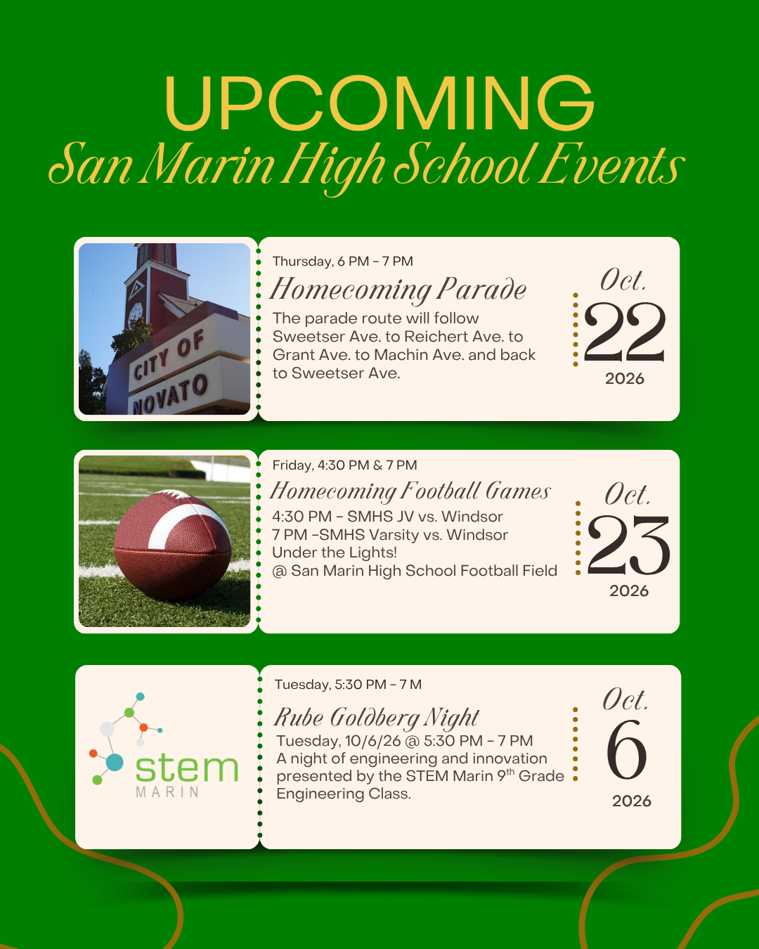 A green flyer advertising upcoming San Marin High School events, featuring a Homecoming Parade on Oct. 22, Homecoming Football Games on Oct. 23, and Rube Goldberg Night on Oct. 6.