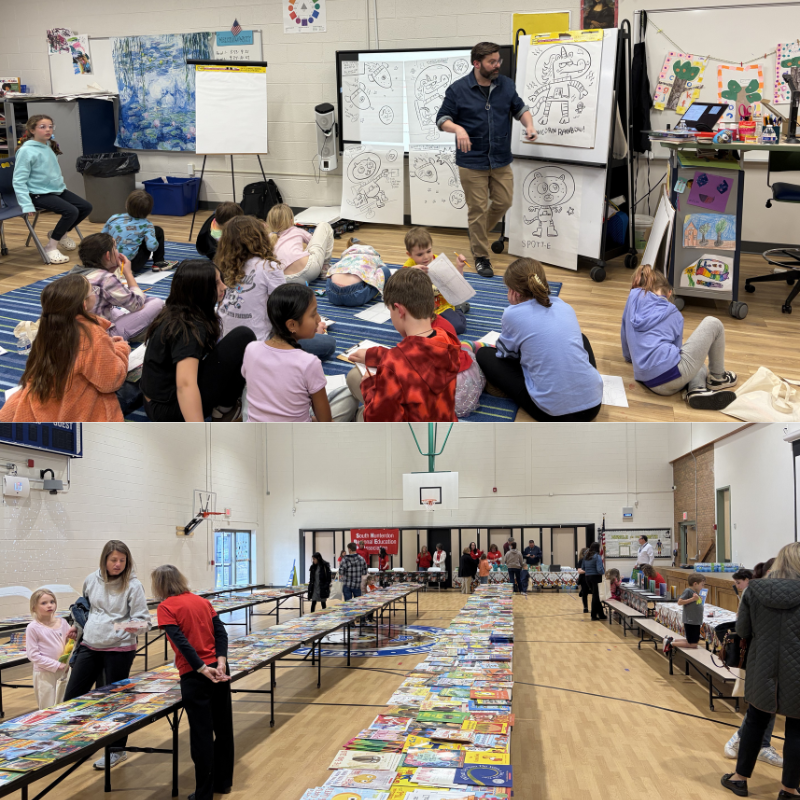 A teacher leads a drawing lesson for children sitting on the floor in a classroom.