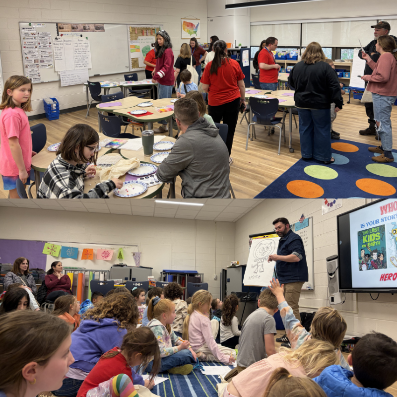 A classroom scene with adults and children engaged in an activity around tables.