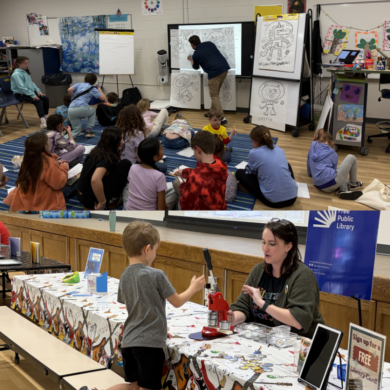 Children sit on the floor watching a teacher draw on a large screen, with artwork displayed on easels.