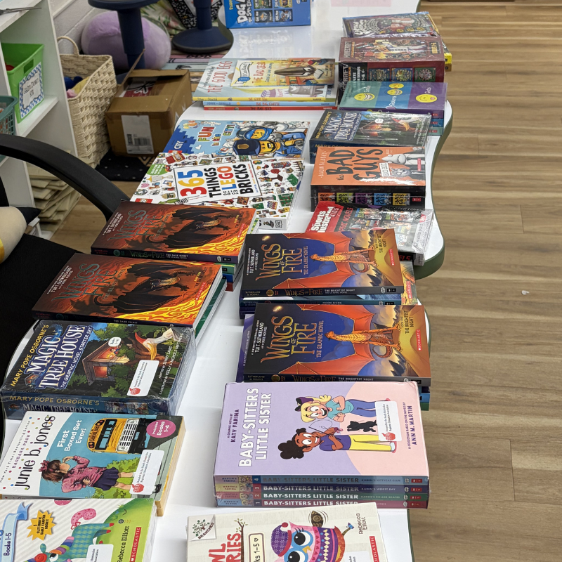A table displays a variety of children's books, including 'Wings of Fire' graphic novels and 'Junie B. Jones' boxed sets.