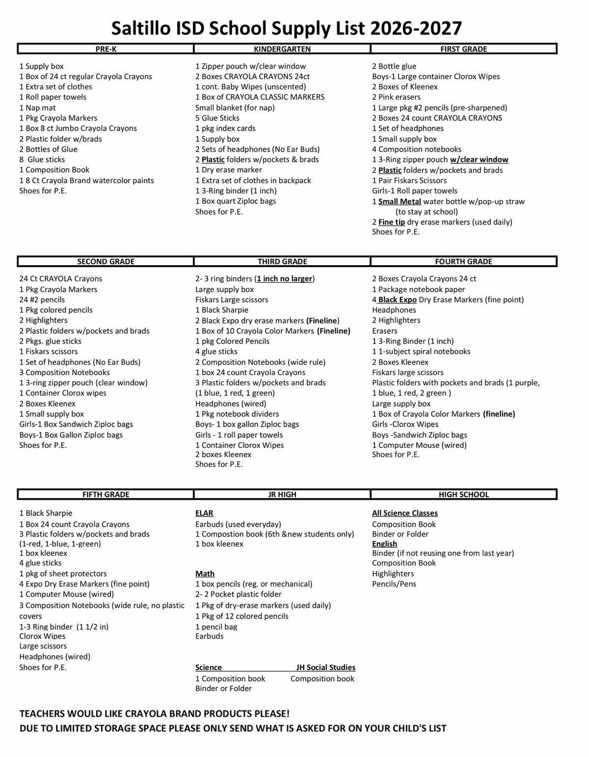 School Supply List