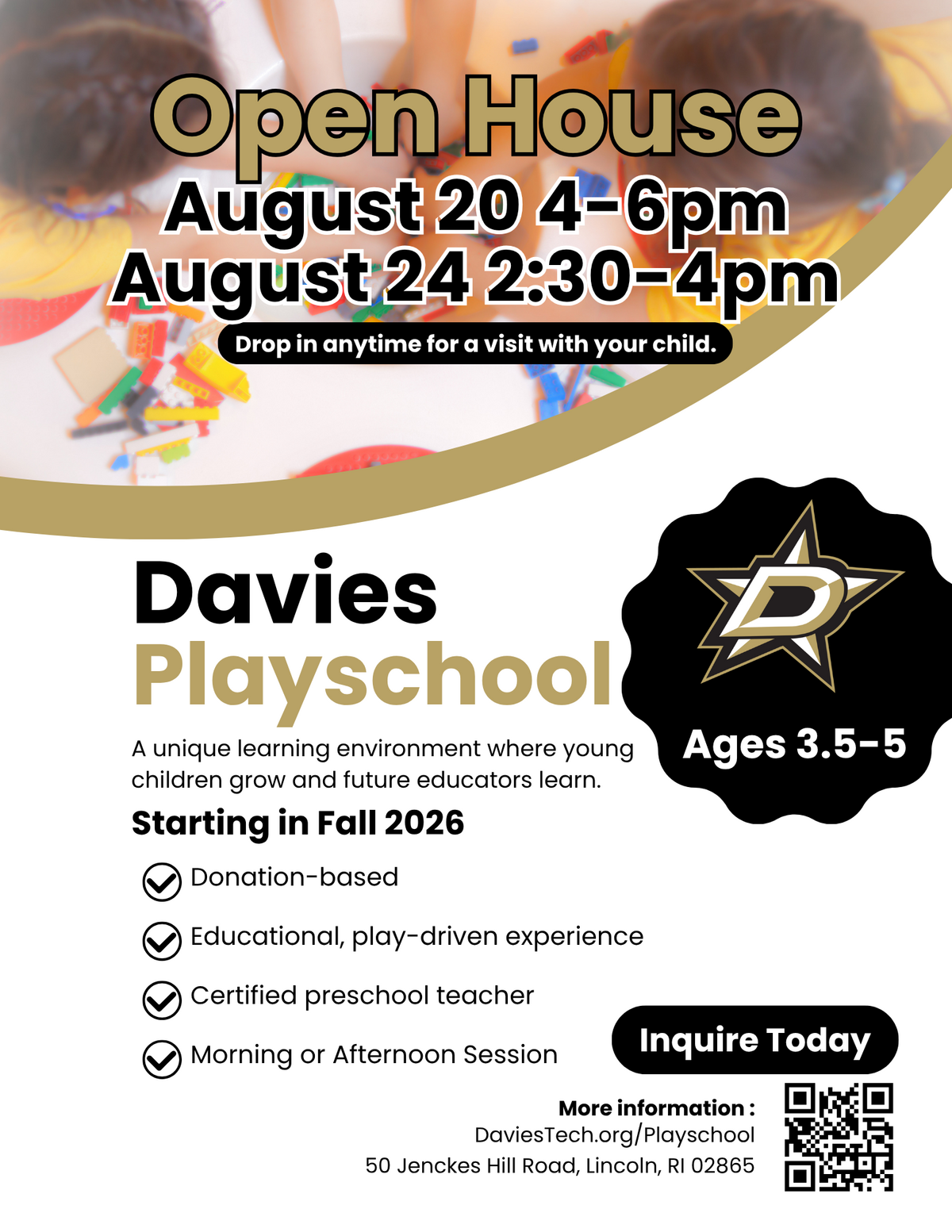 Davies Playschool Open House on August 20 (4-6pm) and August 24 (2:30-4pm) for ages 3.5-5.