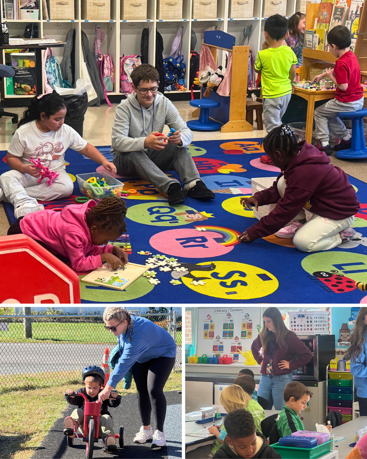 A teacher and students play and do puzzles together on a colorful alphabet rug in a brightly lit classroom.