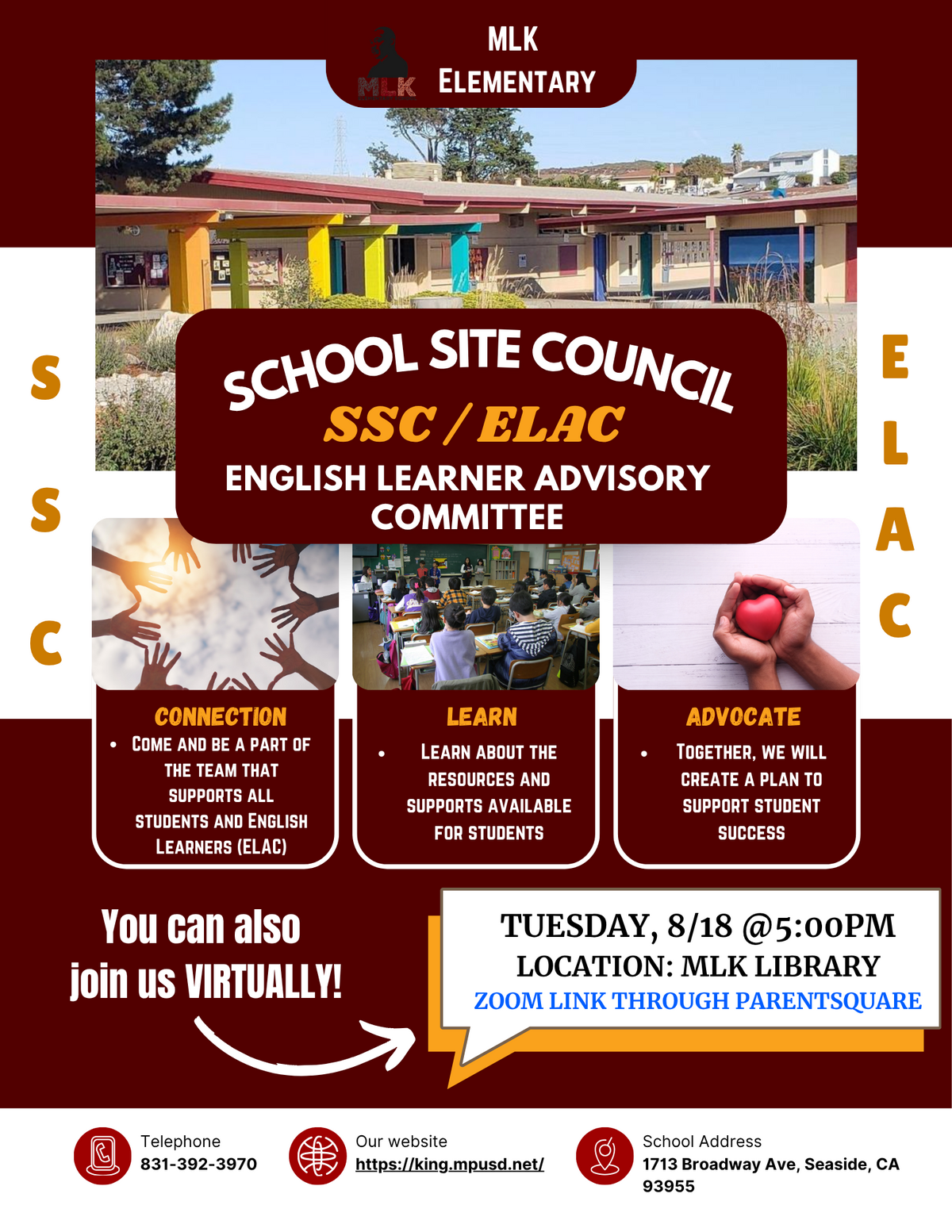 📣 MLK Families: First ELAC + SSC Meeting of the year! | August 18 at 5:00 PM