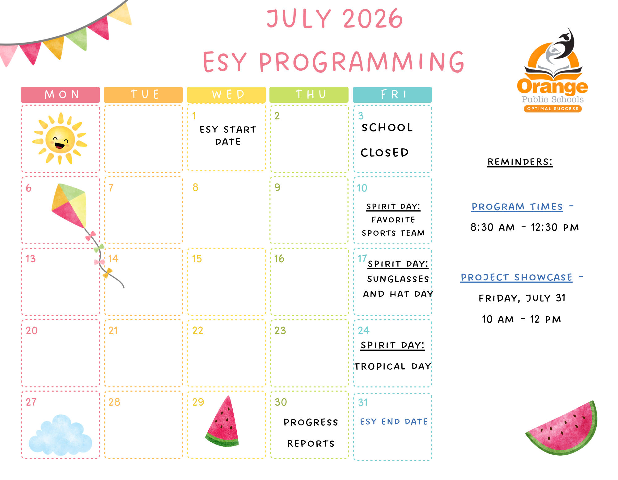 ESY JULY CALENDAR