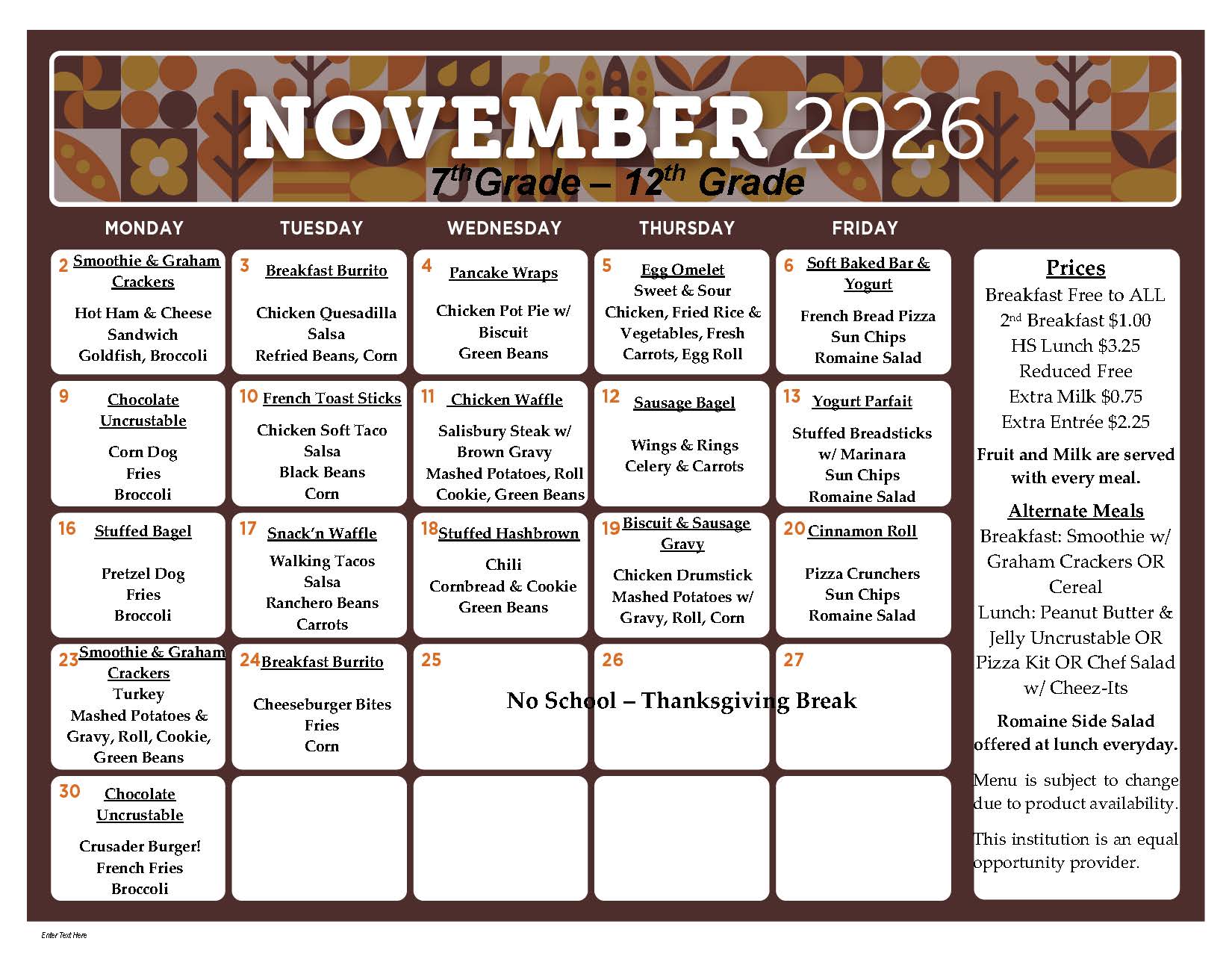 November lunch menus!