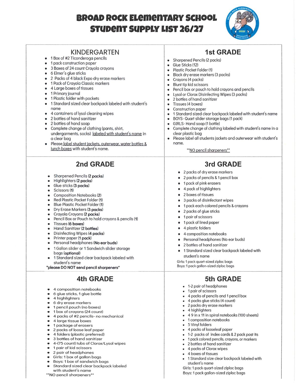 School Supply List