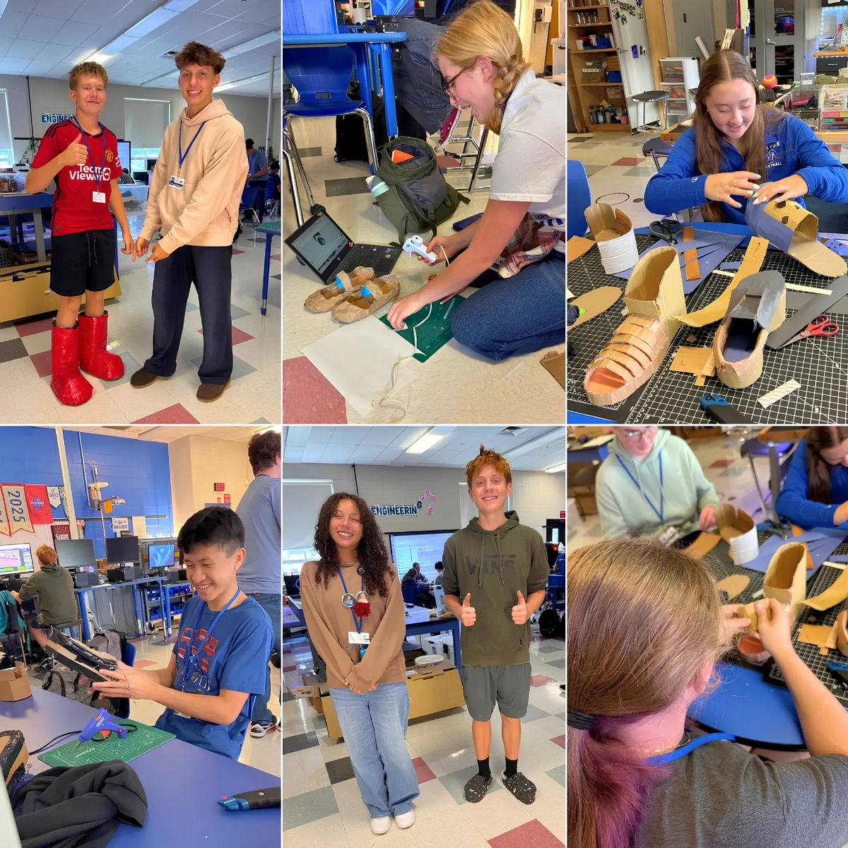 A collage of six photos shows students in a classroom building wearable cardboard sculptures and footwear.