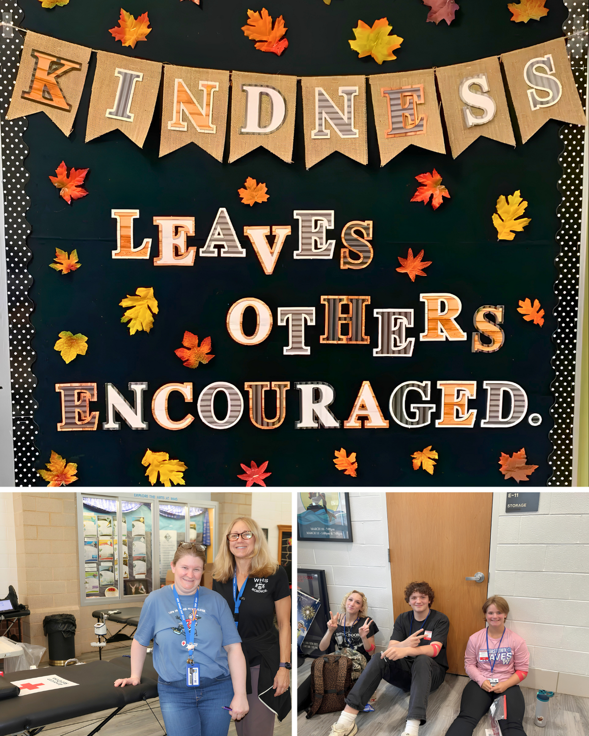 A school bulletin board with a banner reading 'KINDNESS LEAVES OTHERS ENCOURAGED' and two photos of students and staff below.