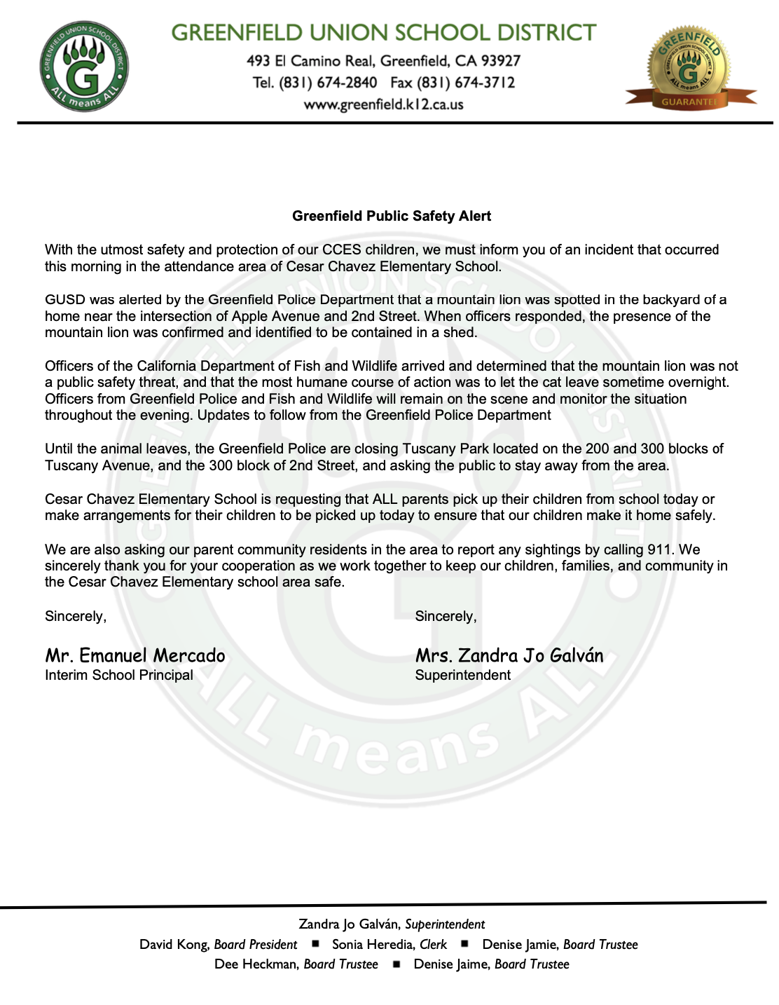 Greenfield public Safety Alert 