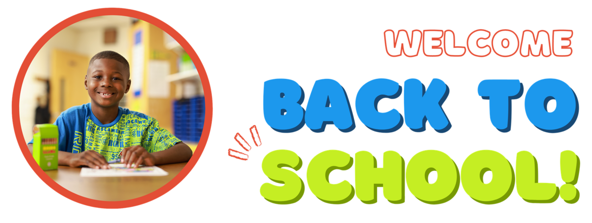 Smiling kid with the text Welcome Back to School!