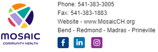 Mosaic Community Health logo with contact information and social media icons.