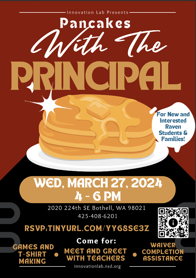 Pancakes with the Principal graphic. Wednesday, March 27, 2024, 4-6pm RSVP: tinyurl.com/YY6SE3Z