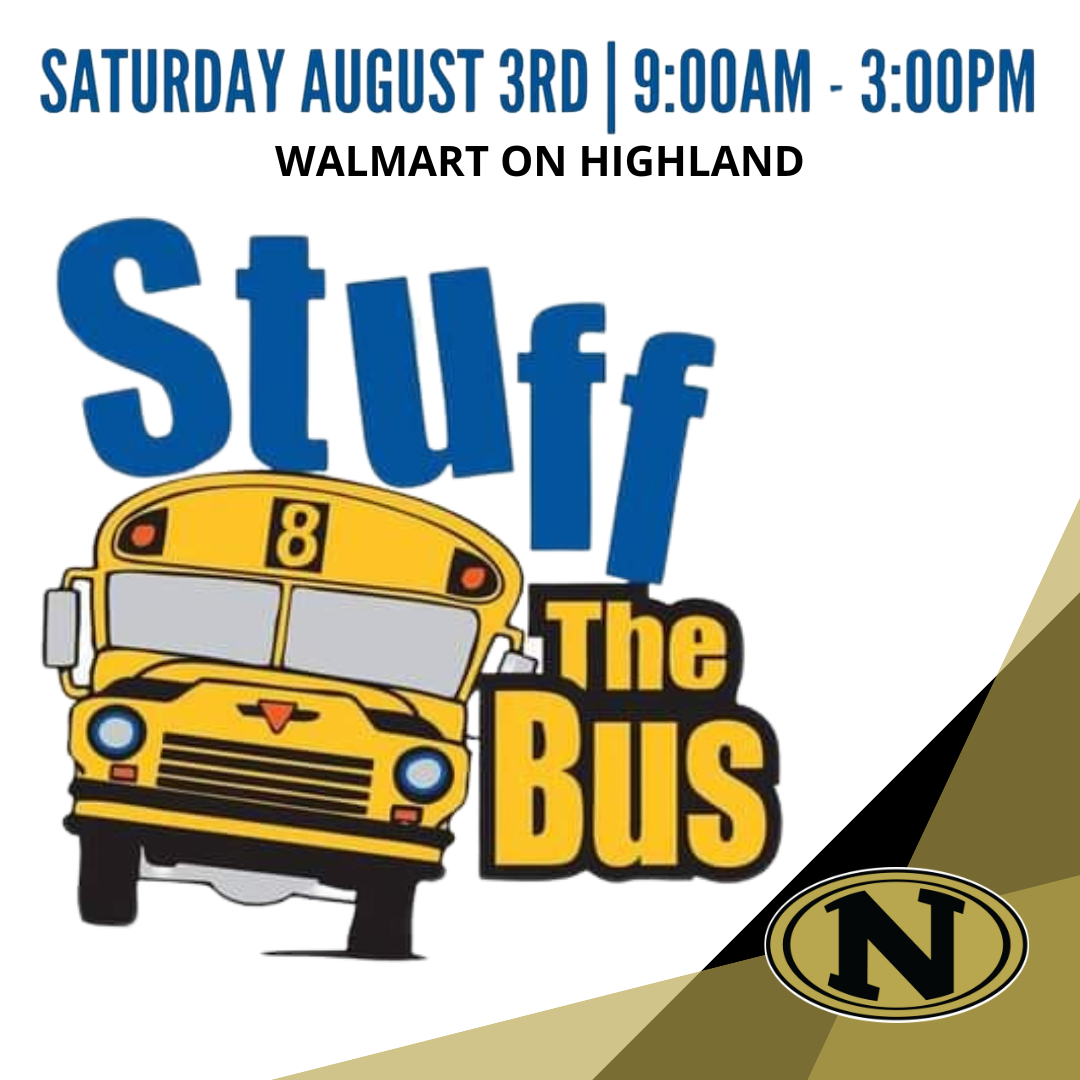 Image of a bus with the text "Stuff the Bus Saturday, August 3rd from 9 am to 3 pm. Walmart on Highliand"