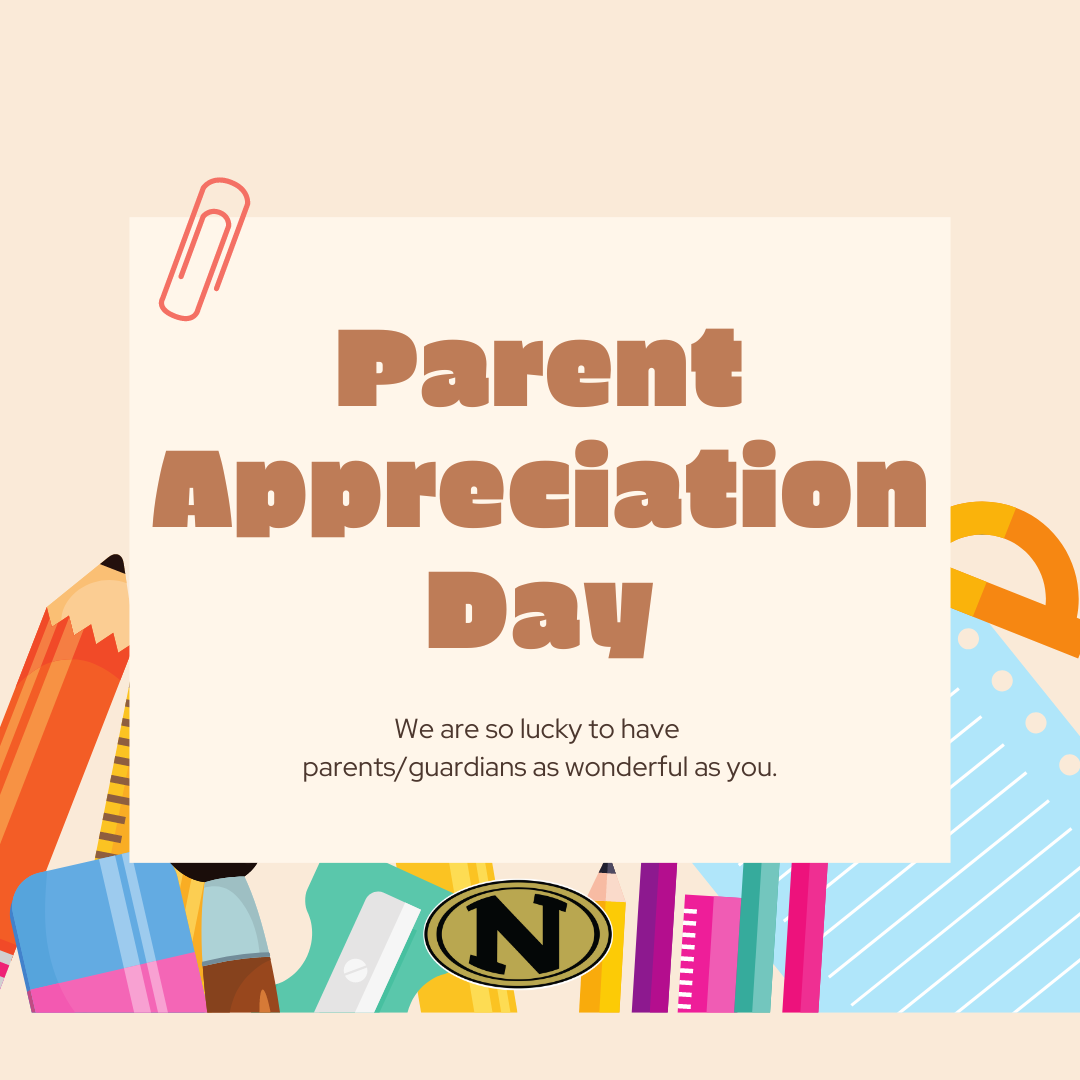 School Supplies in the background with a note with the text that reads " Parent Appreciation Day. We are so lucky to have parents/guardians as wonderful as you."