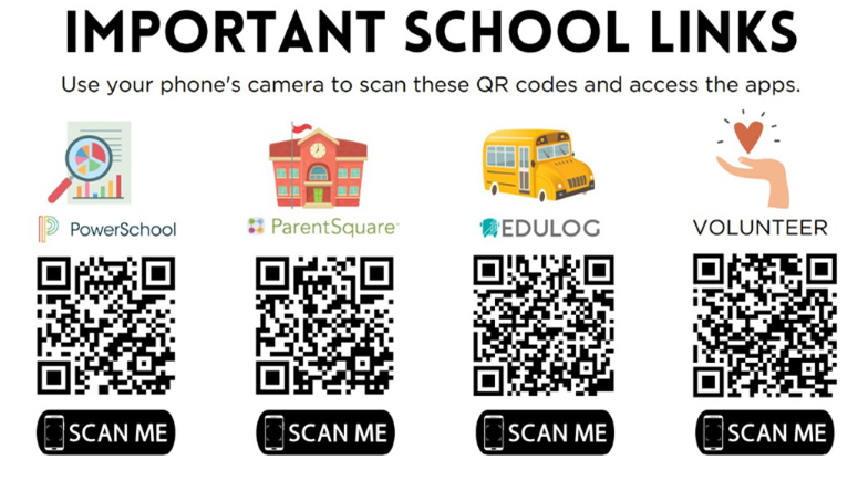 A graphic with four QR codes for school-related apps: PowerSchool, ParentSquare, EdulOG, and Volunteer. Scan the codes with your phone's camera to access the apps.