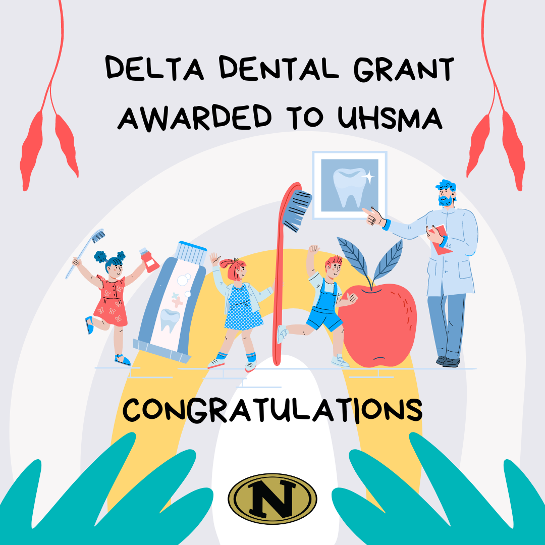 A graphic of dental kit items with students and a dentist with the text "Delta Dental Grant Awarded to UHSMA"