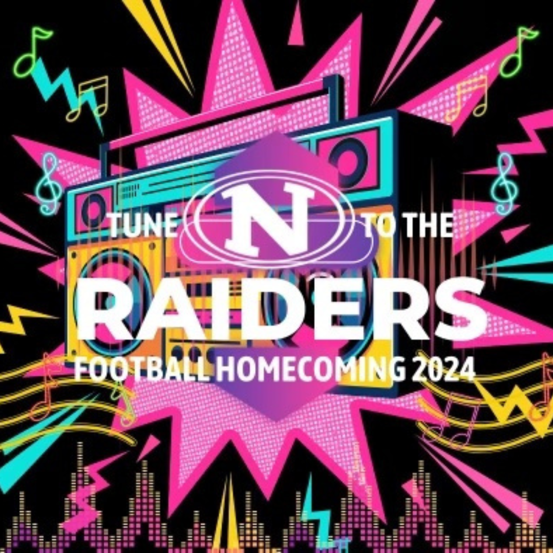 90's stereo graphic with the text "Tune N to the Raiders Football Homecoming 2024"