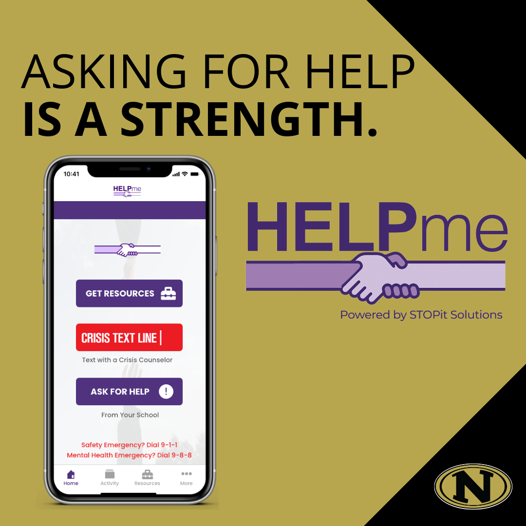 Graphic of the HELPme logo and phone screen with the text "Asking for help is a strength."
