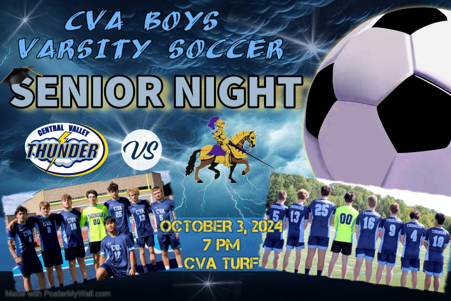 poster of soccer players, big soccer ball, CVA Boys Varsity Soccer Senior Night Oct. 3 at 7 p.m.