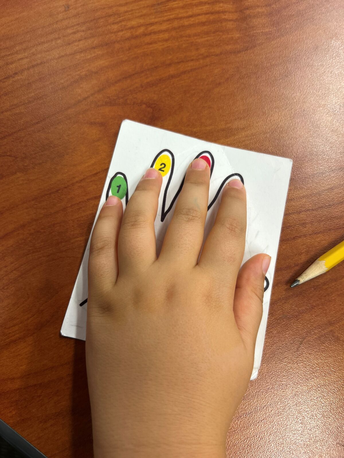 image of drawn out hand with green, yellow and red dots to tap fingers to isolate sounds.