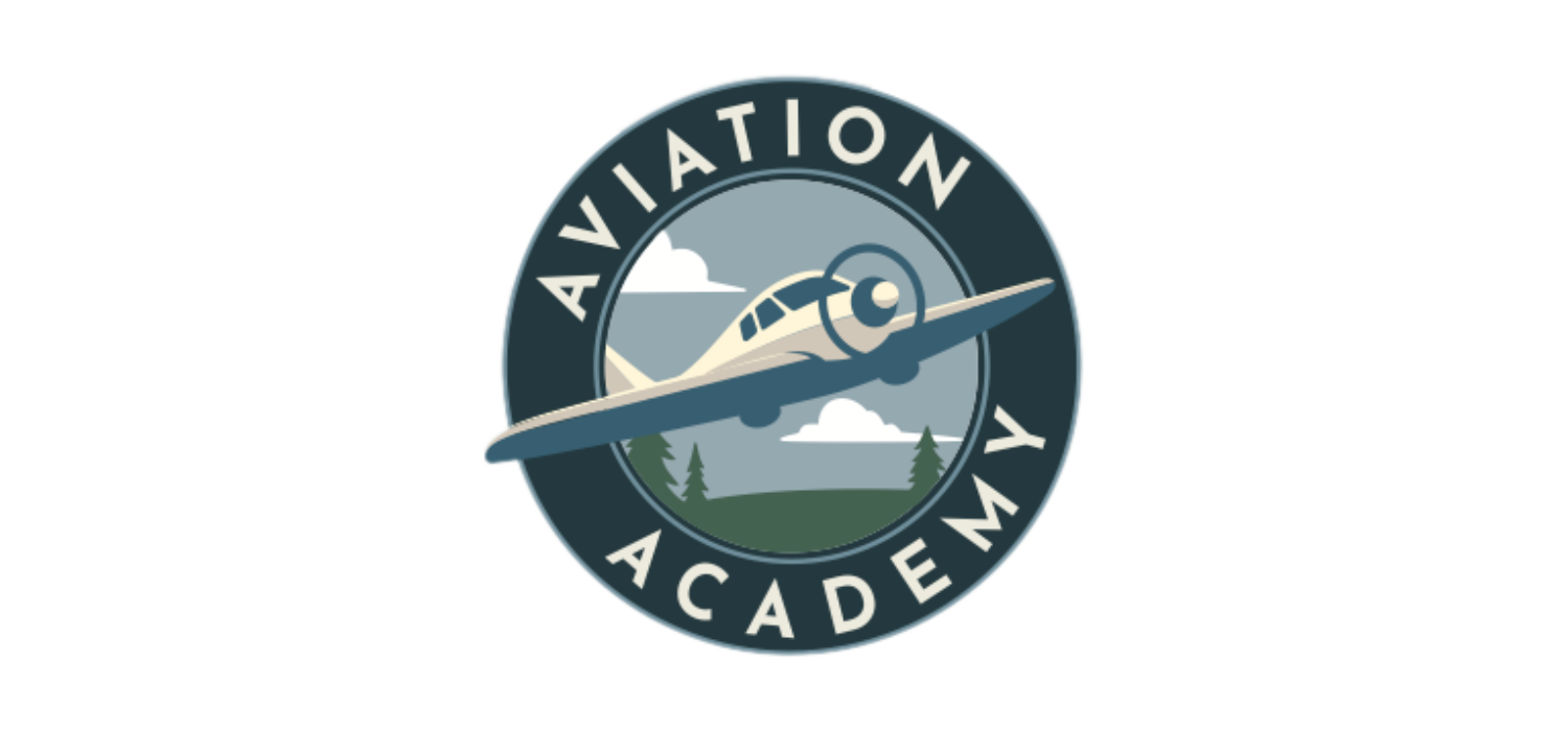 The logo for the Aviation Academy features a vintage-style airplane flying at a slight upward angle within a circular design. The background includes soft illustrations of clouds and trees, representing flight and the Pacific Northwest. The words "Aviation Academy" are written in bold, white letters around the circle's edge, framing the plane. The overall color scheme is muted, using shades of blue, green, and cream to give it a professional yet approachable feel.