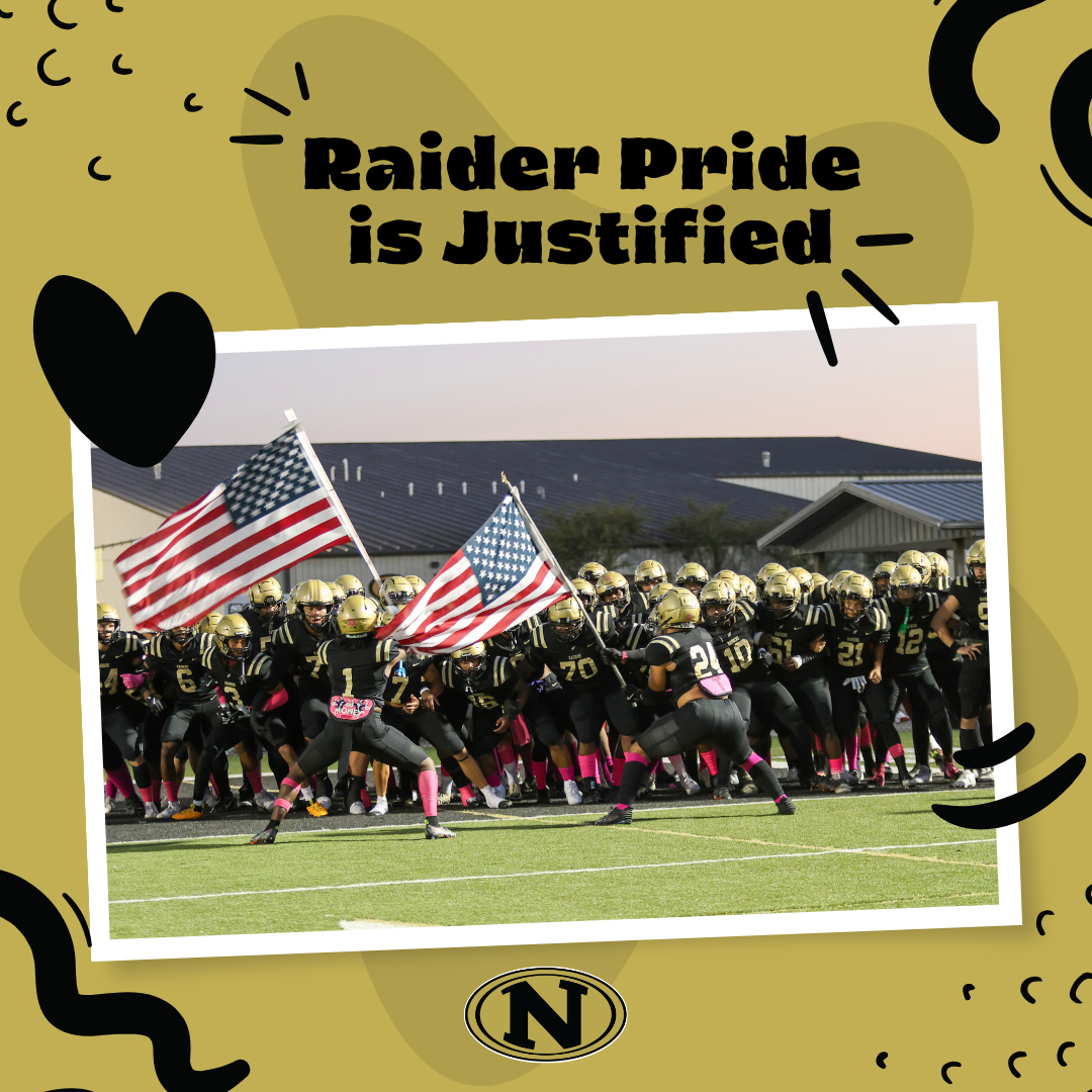 football players waving American flag on a graphic with abstract shapes and text that reads "Raider Pride is Justified"