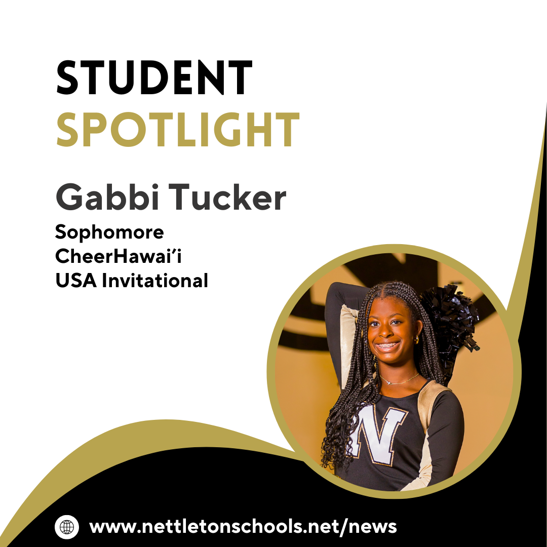image of a smiling girl in cheer uniform, text that reads "Student Spotlight. Gabbi Tucker. Sophomore. Cheer Hawaii USA Invitational"