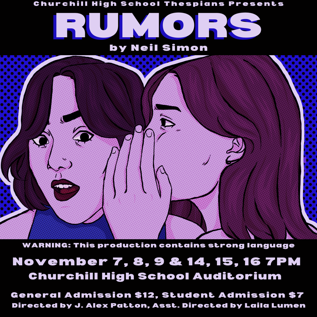 halftone Illustration of one person whispering into another's ear against a blue dotted background