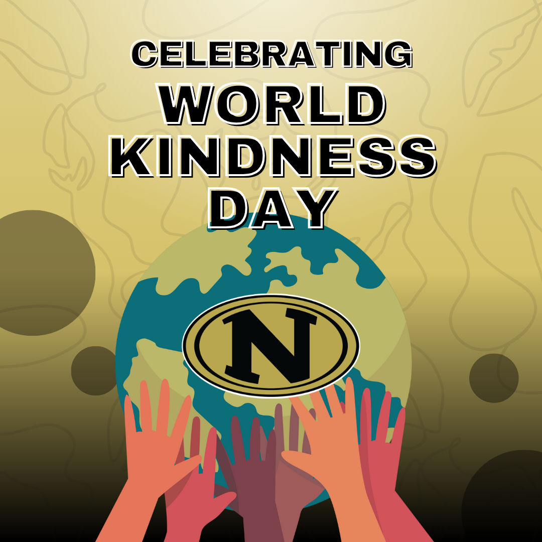 A graphic celebrating World Kindness Day with the text "Celebrating World Kindness Day" in bold black letters at the top. The background is a gradient of yellow and black with abstract shapes. In the center, a stylized Earth with green and blue colors features an "N" logo in a black and yellow emblem. Several illustrated hands of different colors reach up towards the Earth, symbolizing unity and kindness.