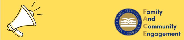 megaphone plus the Family Engagement logo for Charlottesville City Schools