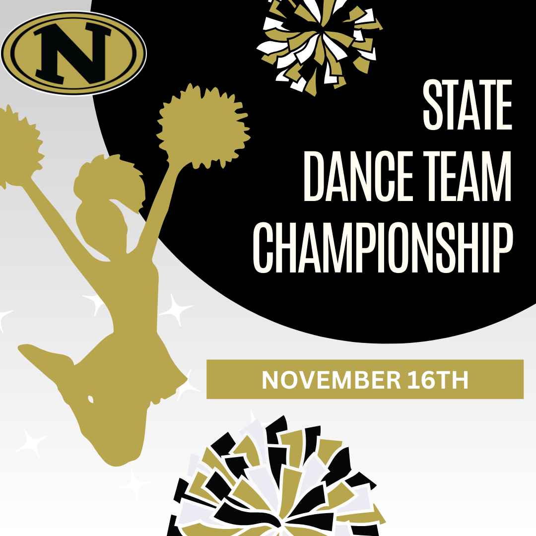 The image features a dance-themed design promoting the "State Dance Team Championship" on November 16th. A silhouette of a dancer with pom-poms is shown mid-jump, surrounded by pom poms. The school's logo with a bold "N" is in the top left corner, and there are decorative black, gold, and white pom-poms around the text.