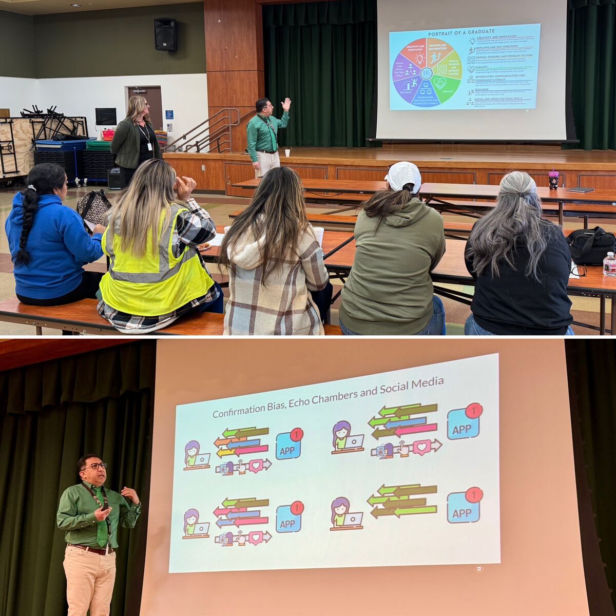 An image of Mrs. Muñoz and Mr. Alcala going over the district's portrait of a graduate while conducting a session on digital citizenship and internet safety.