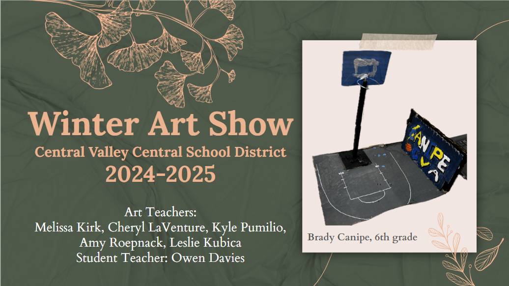 Intro page for art show includes leaf outline, art teachers' names, and student art depicting a basketball court.