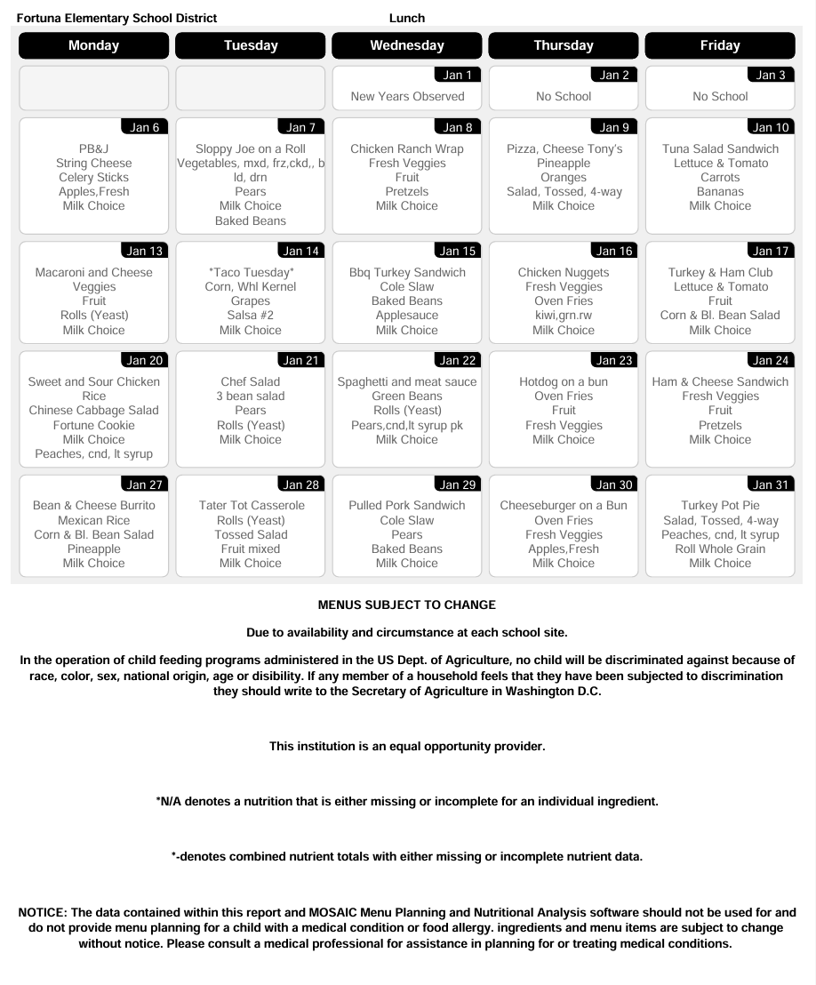 Lunch Menu for January