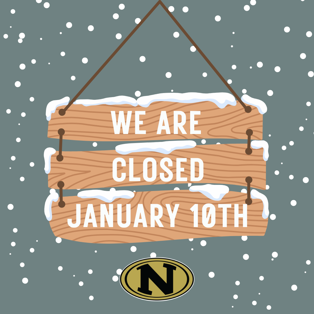 Graphic announcing closure with a snowy theme. The background is a gray sky filled with falling snowflakes. In the center, a wooden sign with snow-covered edges hangs from two ropes. The text on the sign reads, 'We are closed January 10th' in bold white letters. At the bottom, the Nettleton school district logo featuring a bold 'N' in a gold oval is displayed.