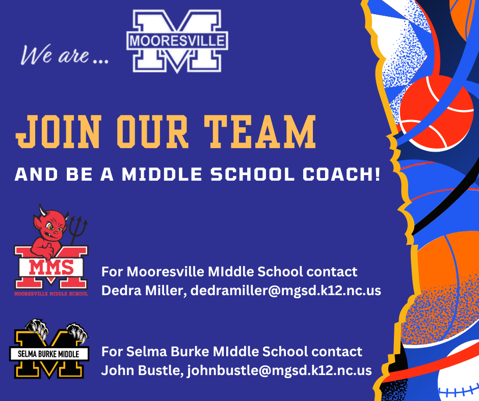 Blue background with gold and white print advertising a need for middle school coaches. Sports balls in various colors run along the right side of the image.