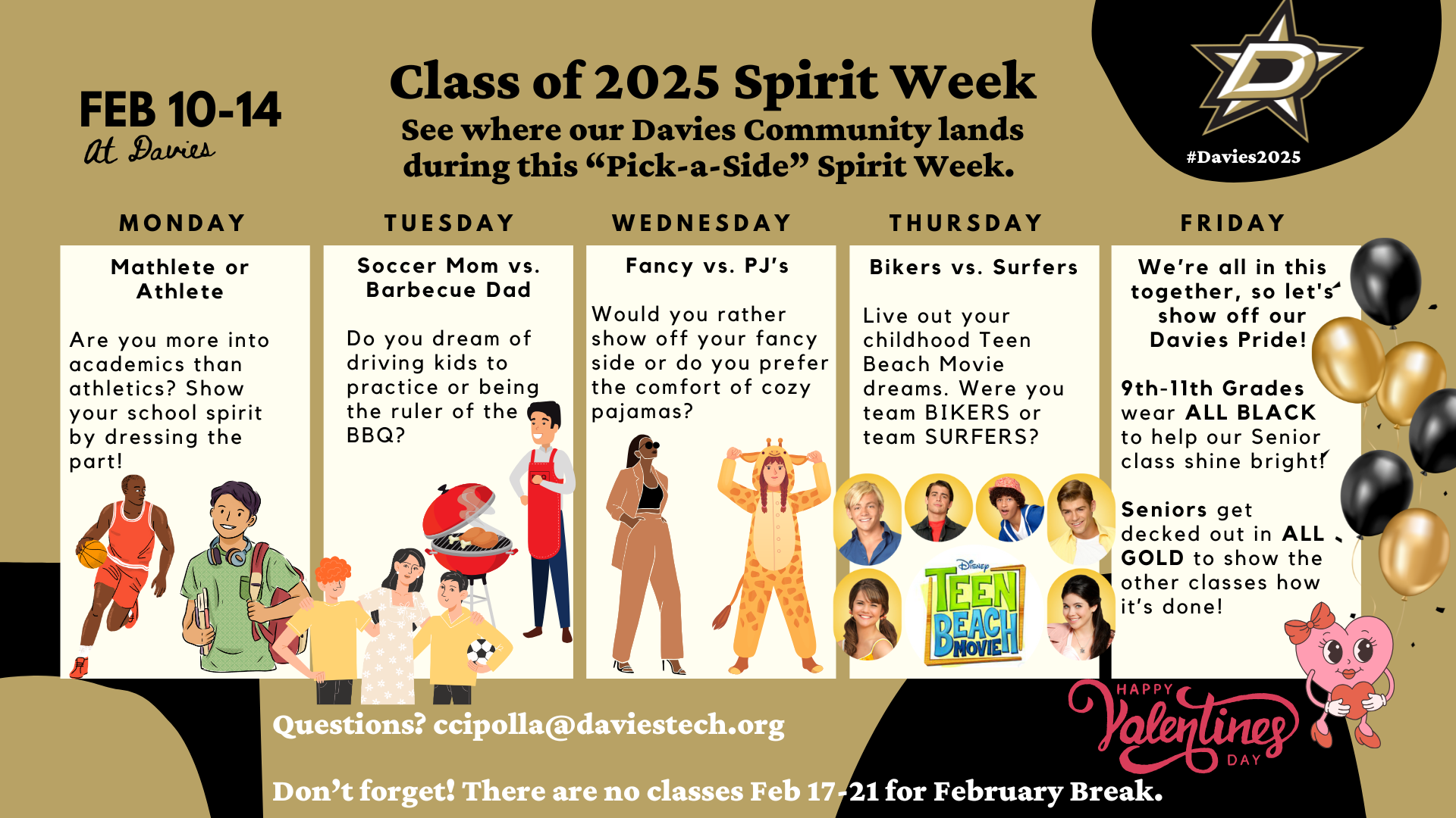 Spirit week calendar, see description below.