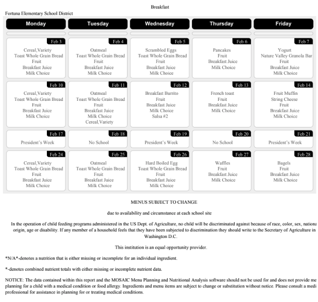 Breakfast Menu for February