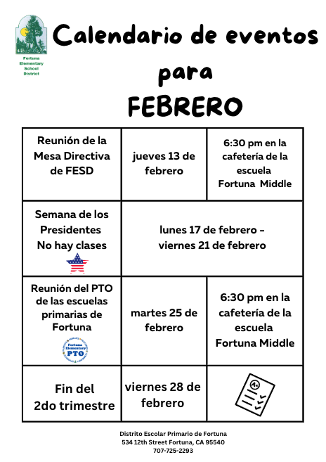 February Calendar of Events Spanish