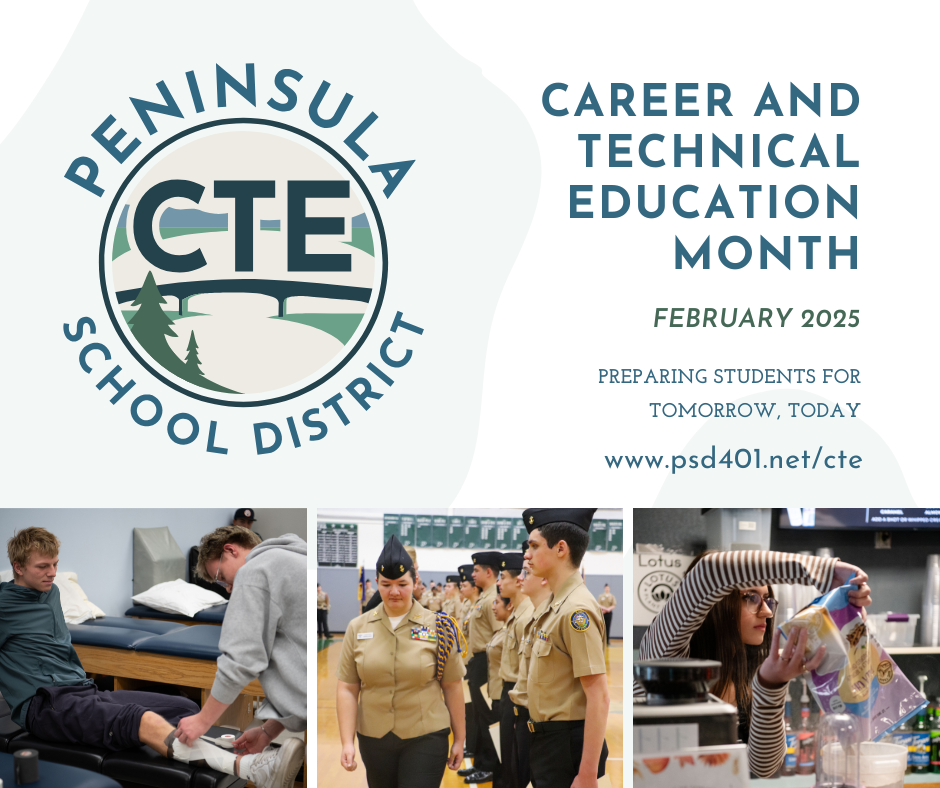 A collage showcasing Peninsula School District's Career and Technical Education Month in February 2025, highlighting students in various programs.